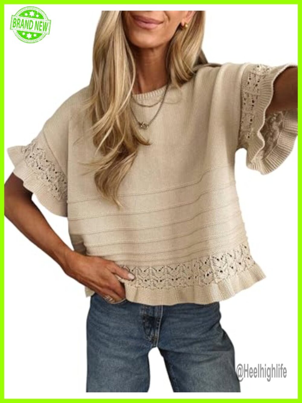 Women's Short Sleeve Ruffled Hem Knit Crochet Pullover Sweater